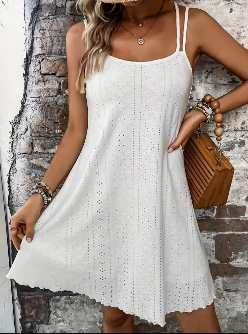 Eyelet Lace Spaghetti Strap Scalloped Hem Summer Mini Dress