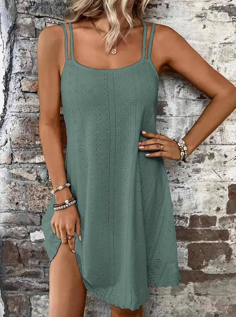 Eyelet Lace Spaghetti Strap Scalloped Hem Summer Mini Dress - View 6