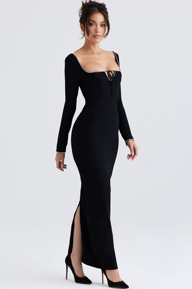 Crystal Trim Square Neck Long Sleeve Bodycon Maxi Dress - View 2
