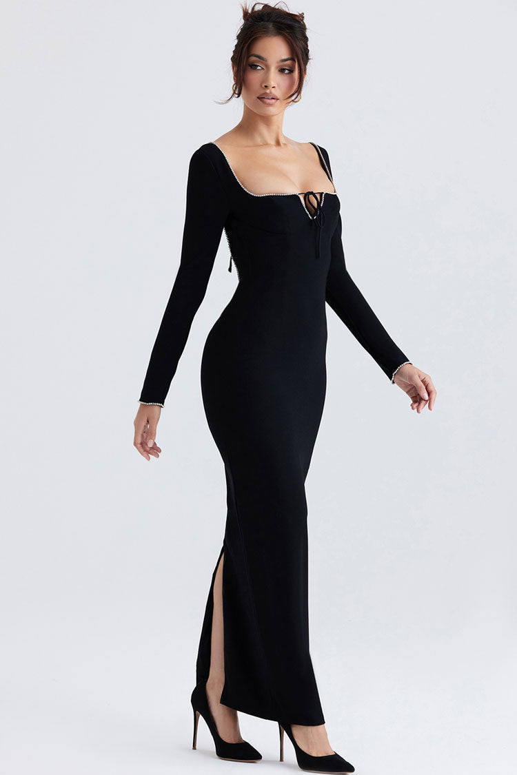 Crystal Trim Square Neck Long Sleeve Bodycon Maxi Dress - View 3