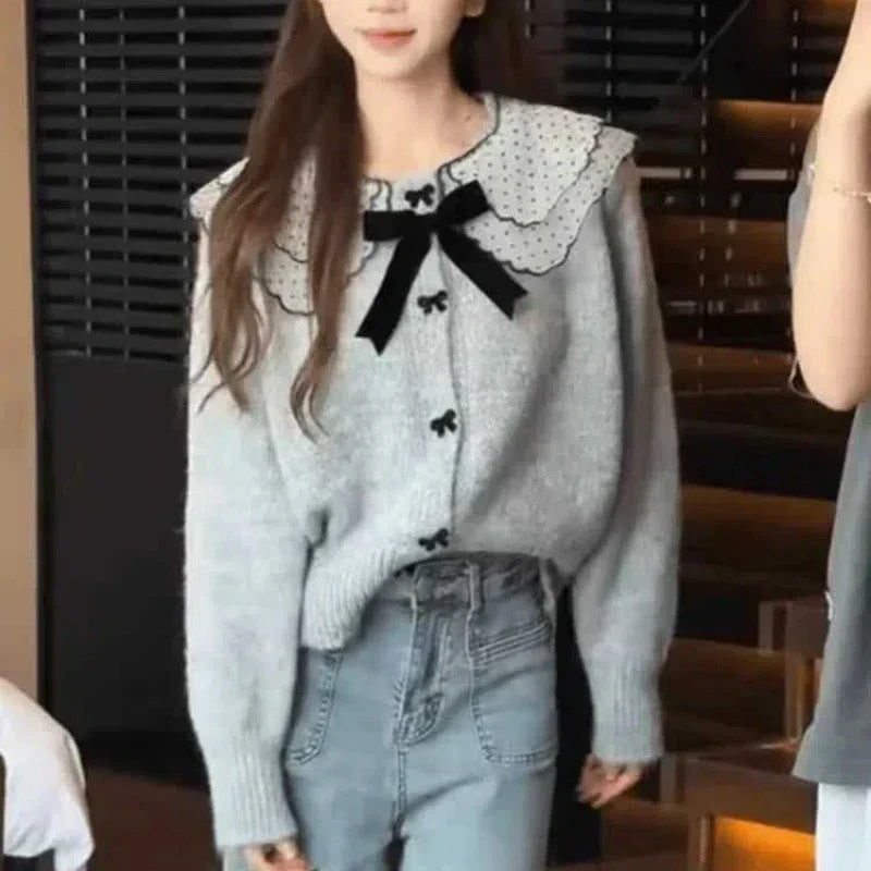 Doll Collar Loose Button Knit Cardigan GRAY / S