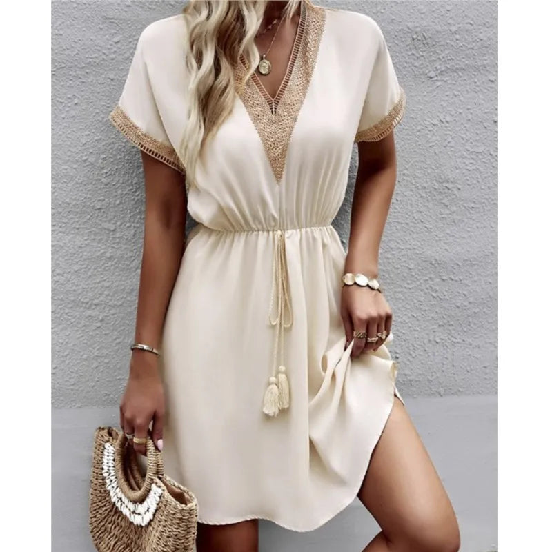 Lace V-Neck Panel Short Sleeve Midi Dress - View 3