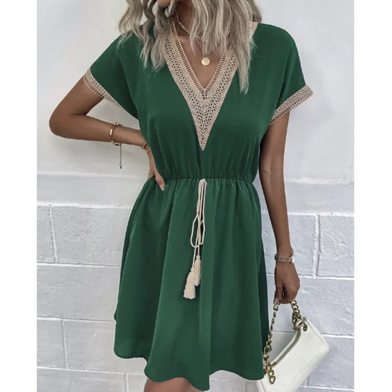 Fresh Sweet Solid Short Lace VNeck Waist Panel Skirt Midi Dresses - View 5