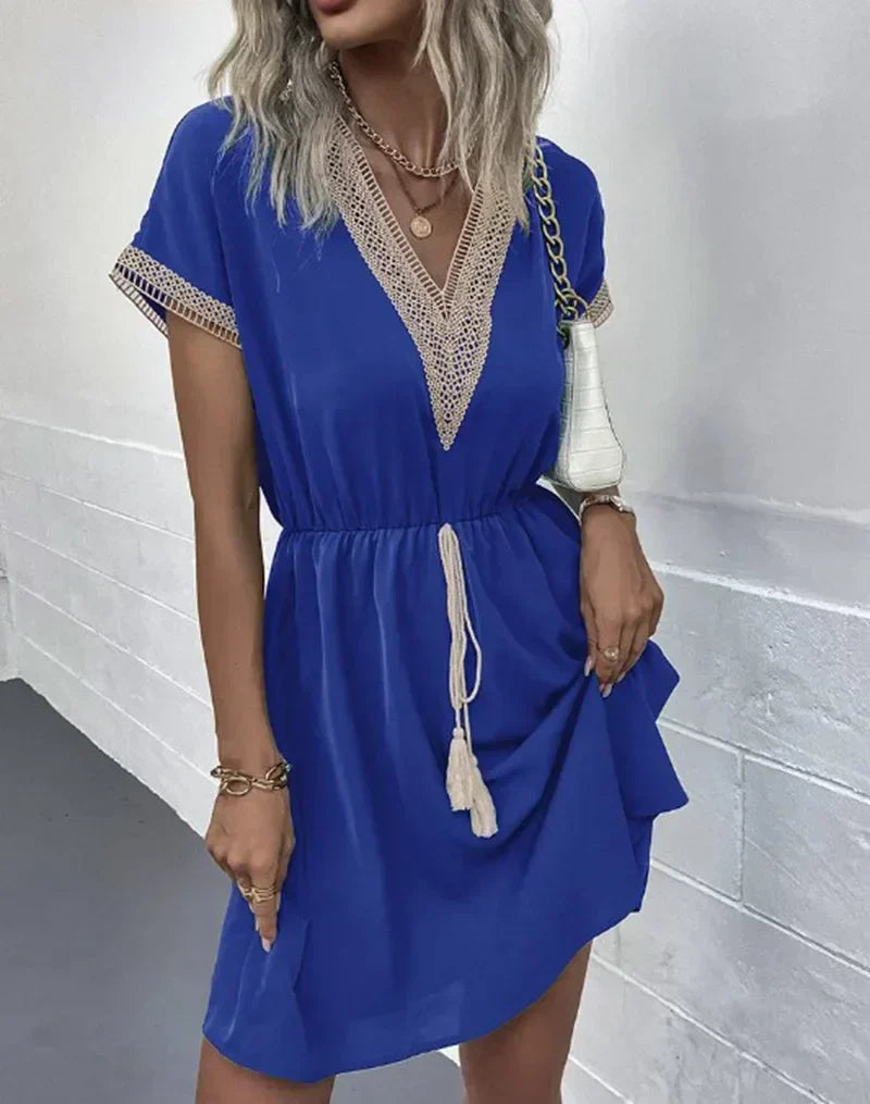 Fresh Sweet Solid Short Lace VNeck Waist Panel Skirt Midi Dresses - View 8