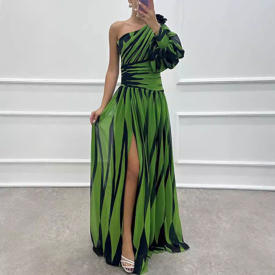 One Shoulder Bishop Sleeve Ruched Waist High Split Chiffon Maxi Dress - View 2