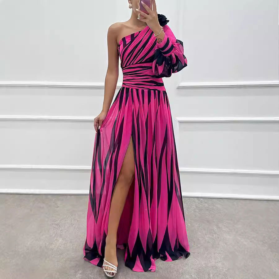 One Shoulder Bishop Sleeve Ruched Waist High Split Chiffon Maxi Dress - View 3