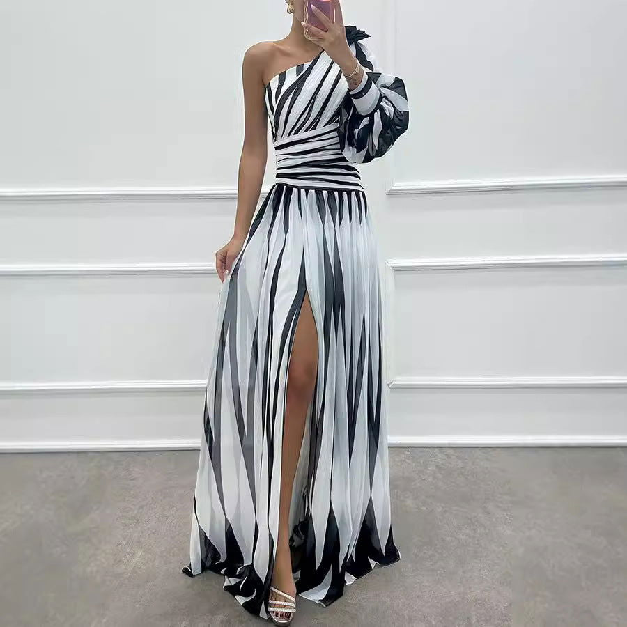 One Shoulder Bishop Sleeve Ruched Waist High Split Chiffon Maxi Dress - View 4