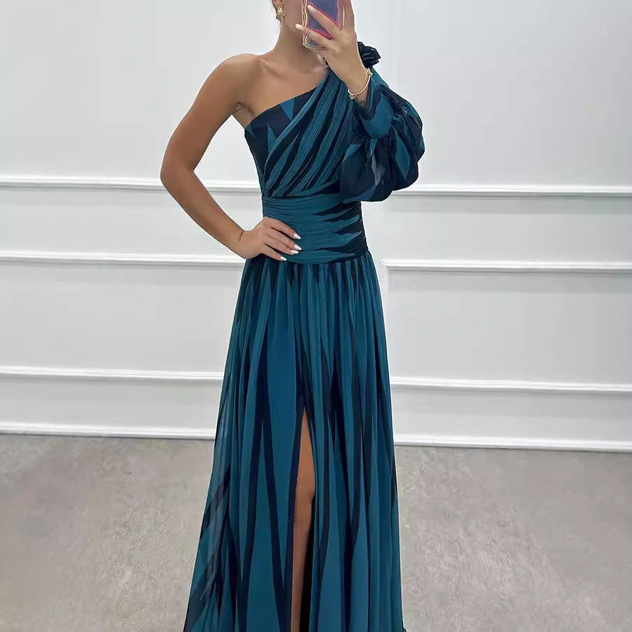 One Shoulder Bishop Sleeve Ruched Waist High Split Chiffon Maxi Dress - View 6