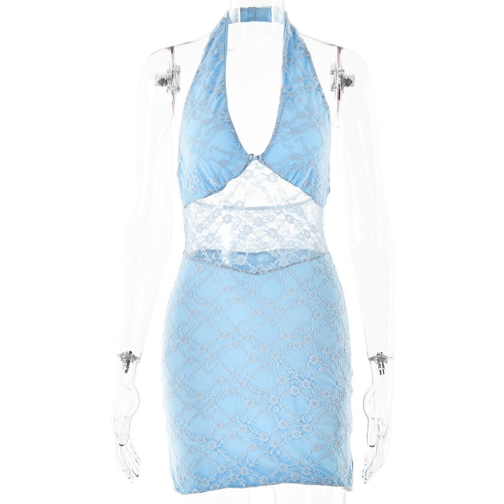 Dress Trend V neck Halter Lace Stitched Backless Dress - View 5