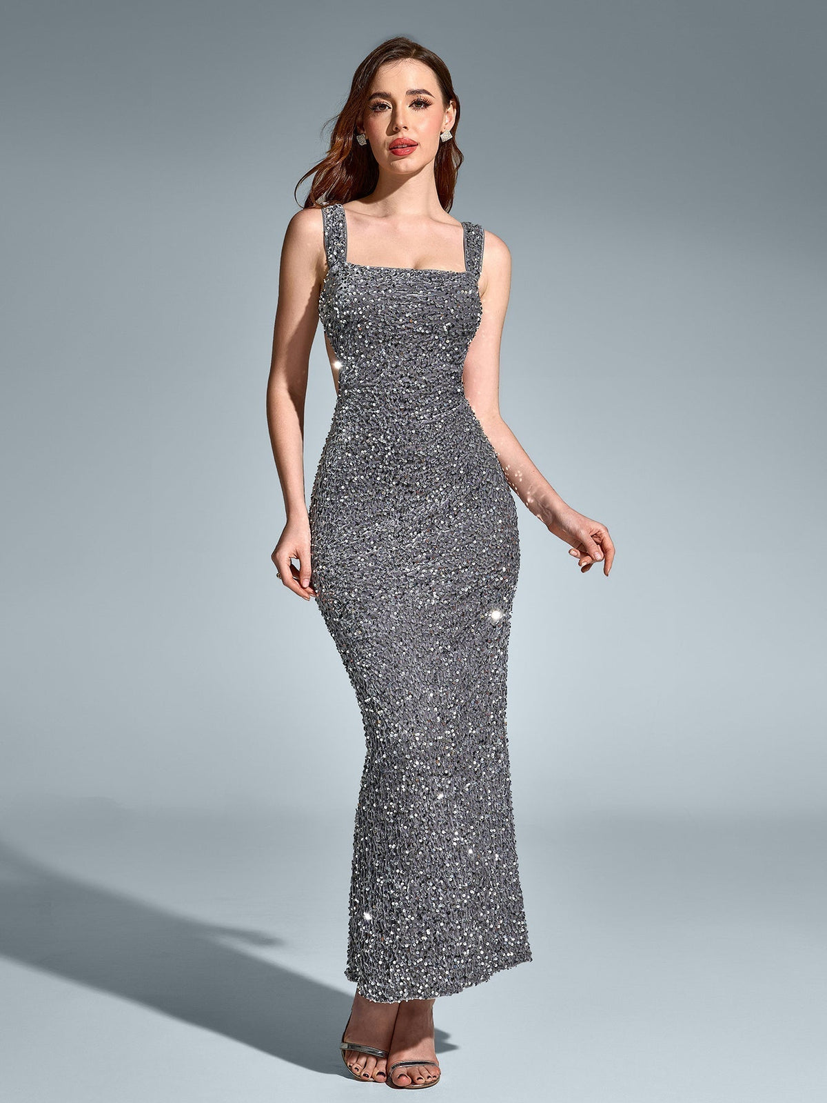 Square Neck Cut Out Split Hem Sequin Dress - View 5