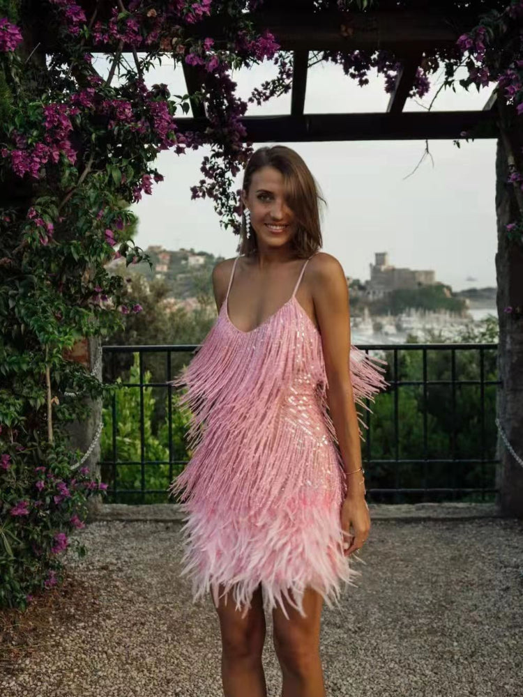Sequin Fringe Feather Trim V-Neck Bodycon Mini Party Dress - View 5