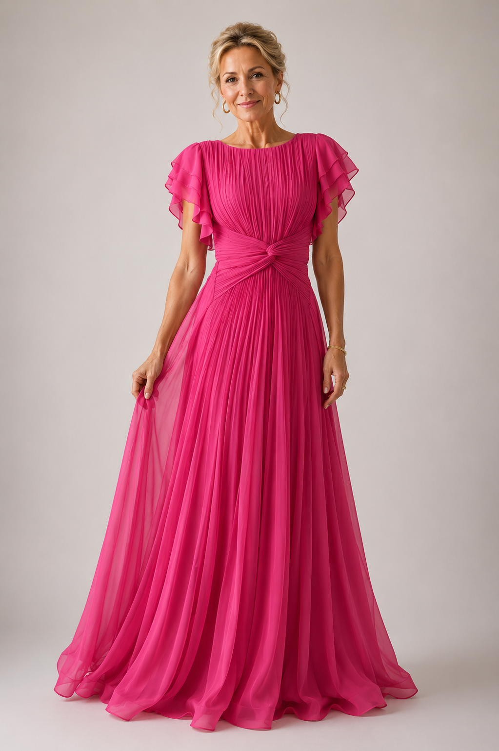 Flutter Sleeve Pleated Twist Front Maxi Gown