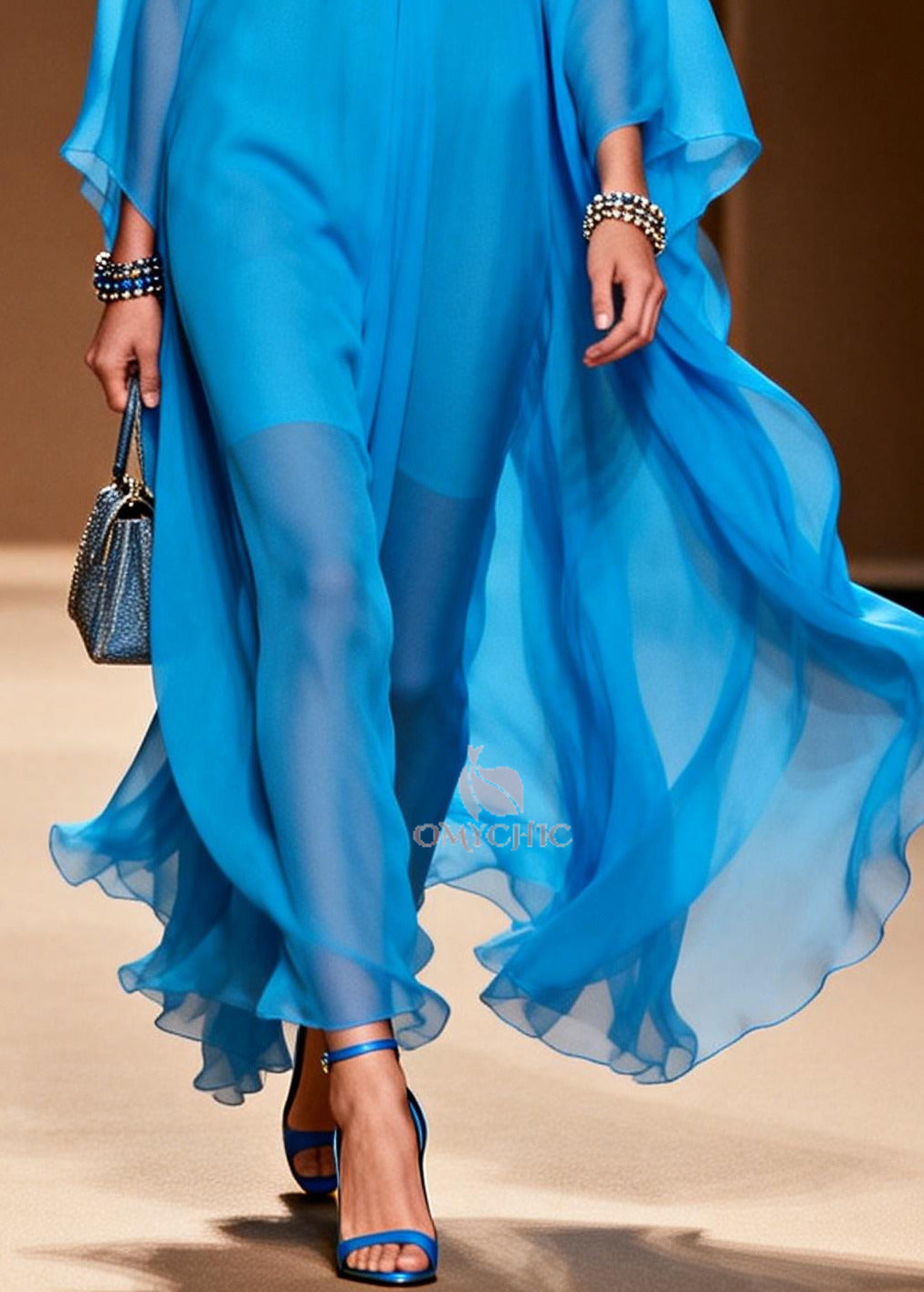 Style Blue Oversized Draping Chiffon Maxi Dress Summer - View 4
