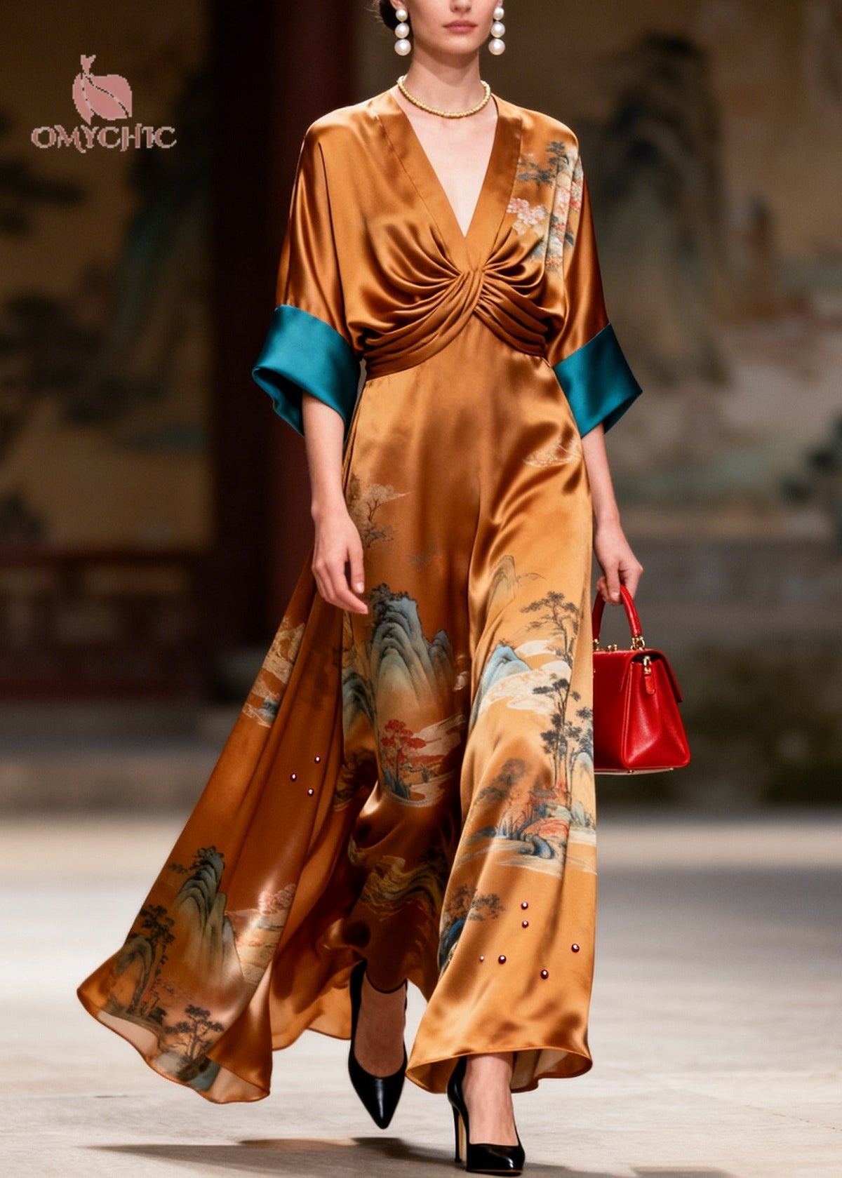 Satin Landscape Print Deep V-Neck Twist Front Maxi Gown - View 5