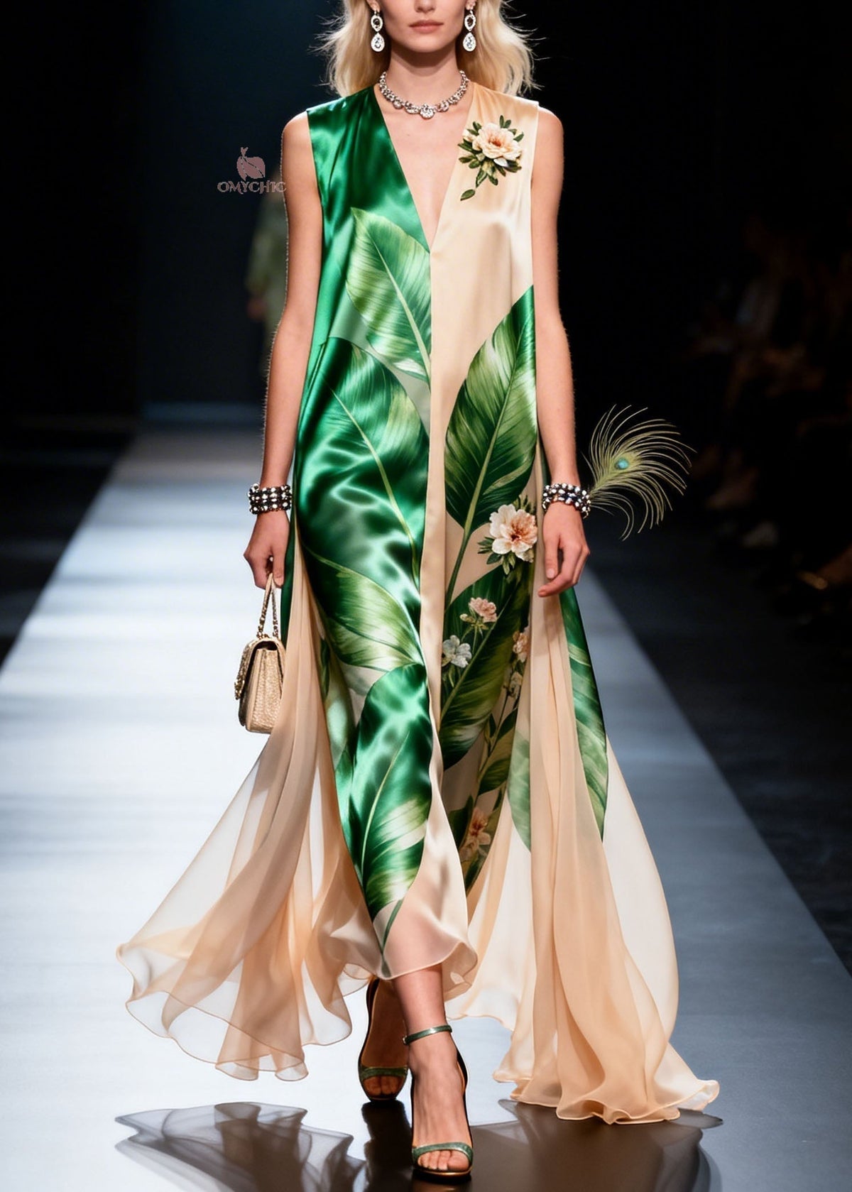 Tropical Leaf Print V-Neck Sleeveless Floral Applique Maxi Gown
