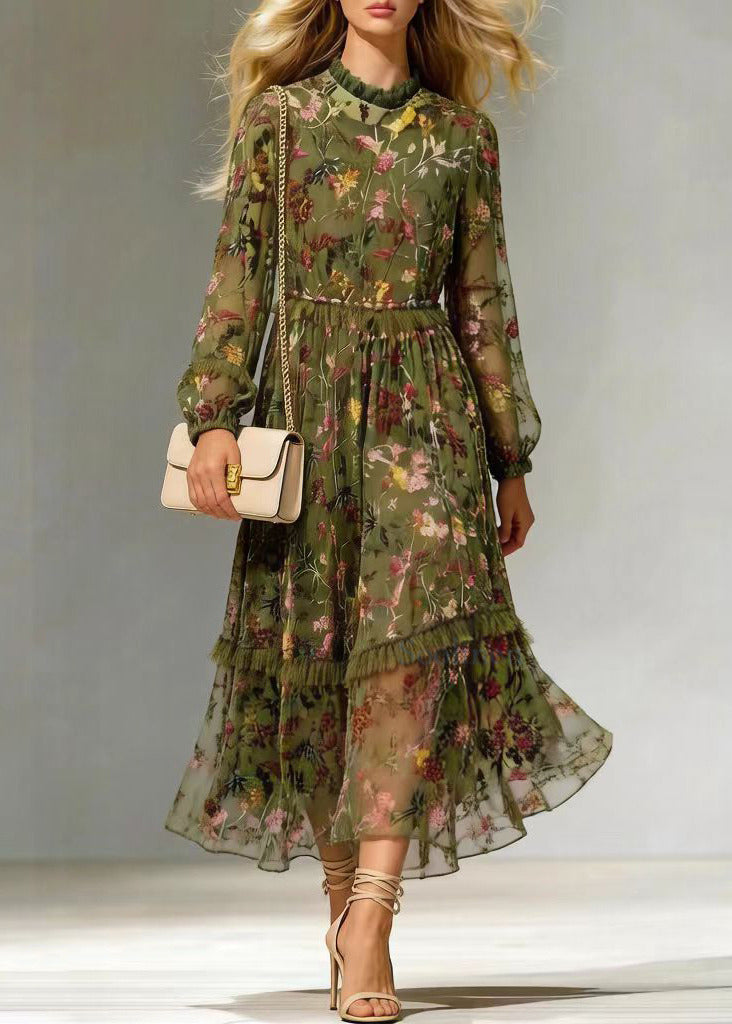 Floral Print High Neck Long Sleeve Tiered Ruffle Chiffon Midi Dress - View 3