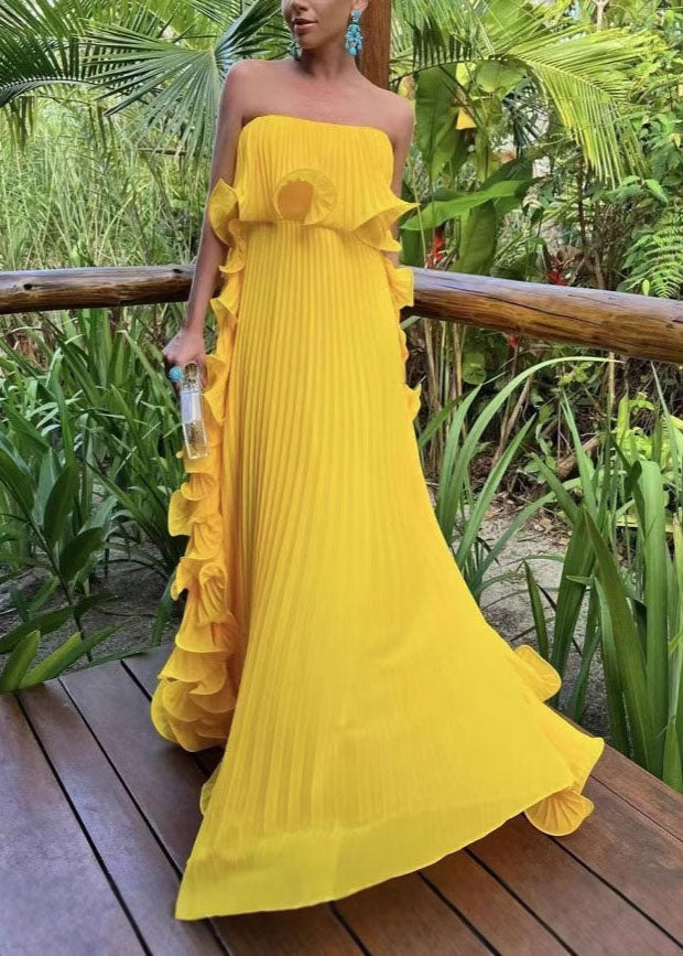 Style Green Ruffled Wrinkled Patchwork Chiffon Strapless Long Dress - View 2