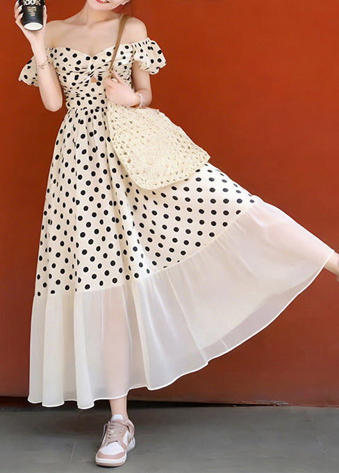 Polka Dot Off Shoulder Sweetheart Knot Cut Out Ruffle Maxi Dress