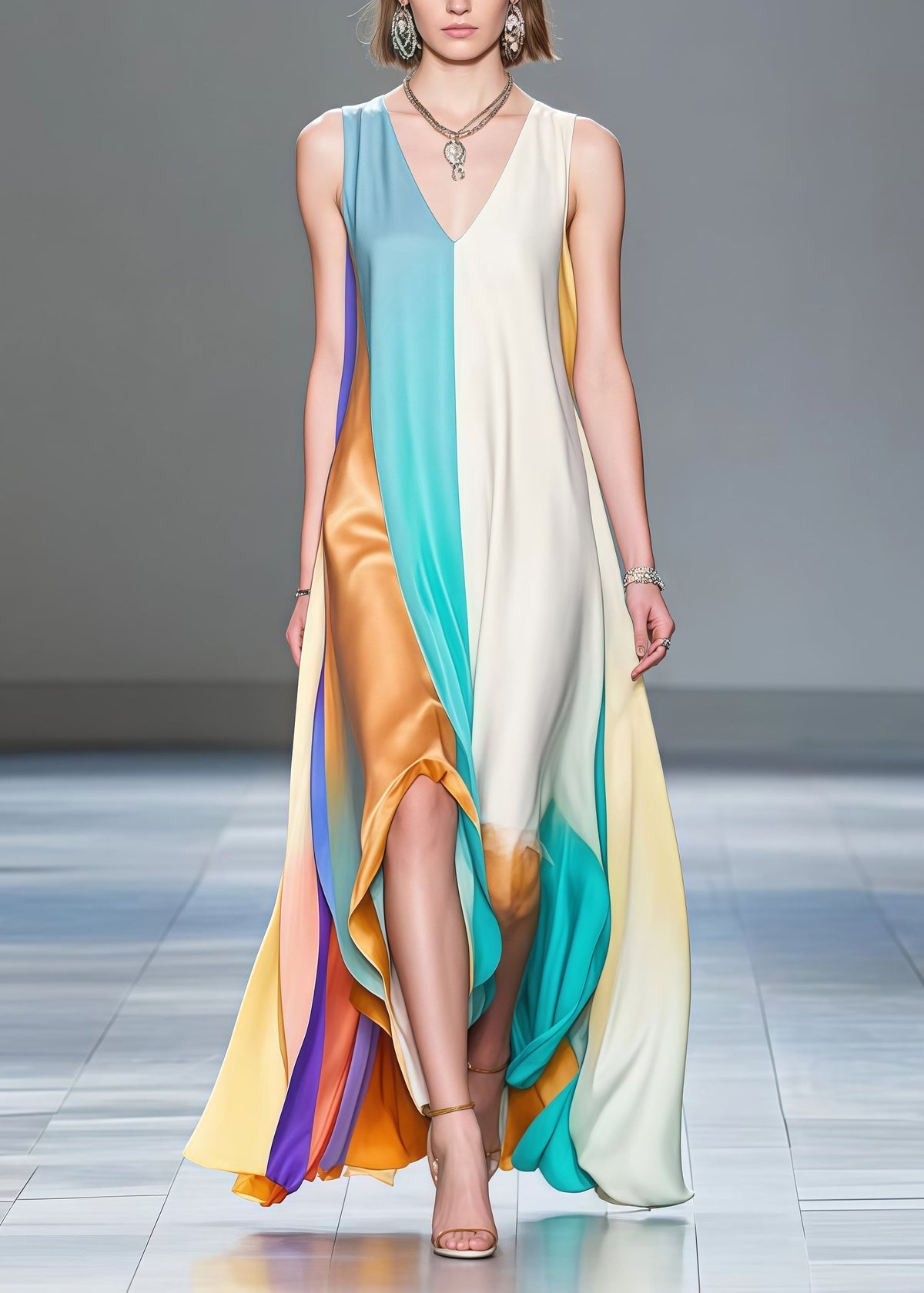 Deep V-Neck Sleeveless Satin Paneled High Split Asymmetrical Maxi Gown - View 3