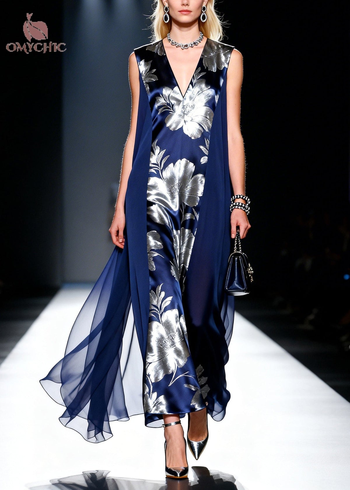 Deep V-Neck Sleeveless Floral Satin Draped Chiffon Maxi Dress - View 3