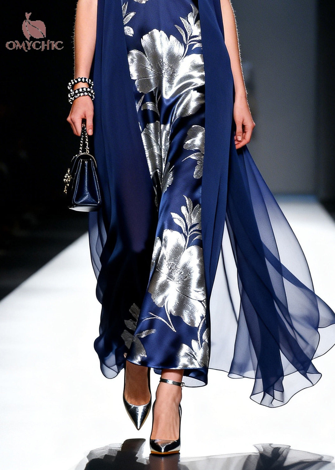 Deep V-Neck Sleeveless Floral Satin Draped Chiffon Maxi Dress - View 4