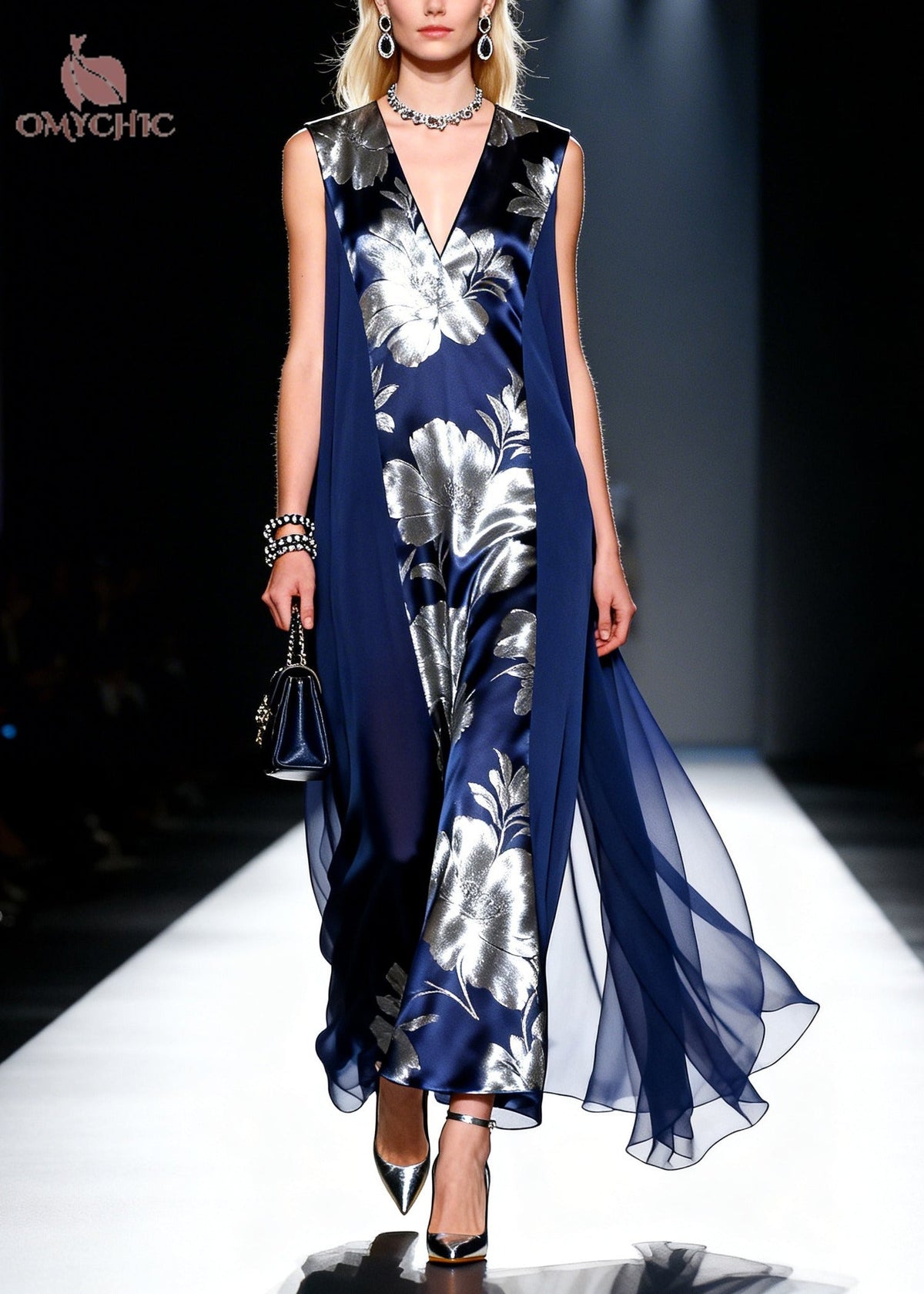 Deep V-Neck Sleeveless Floral Satin Draped Chiffon Maxi Dress - View 5