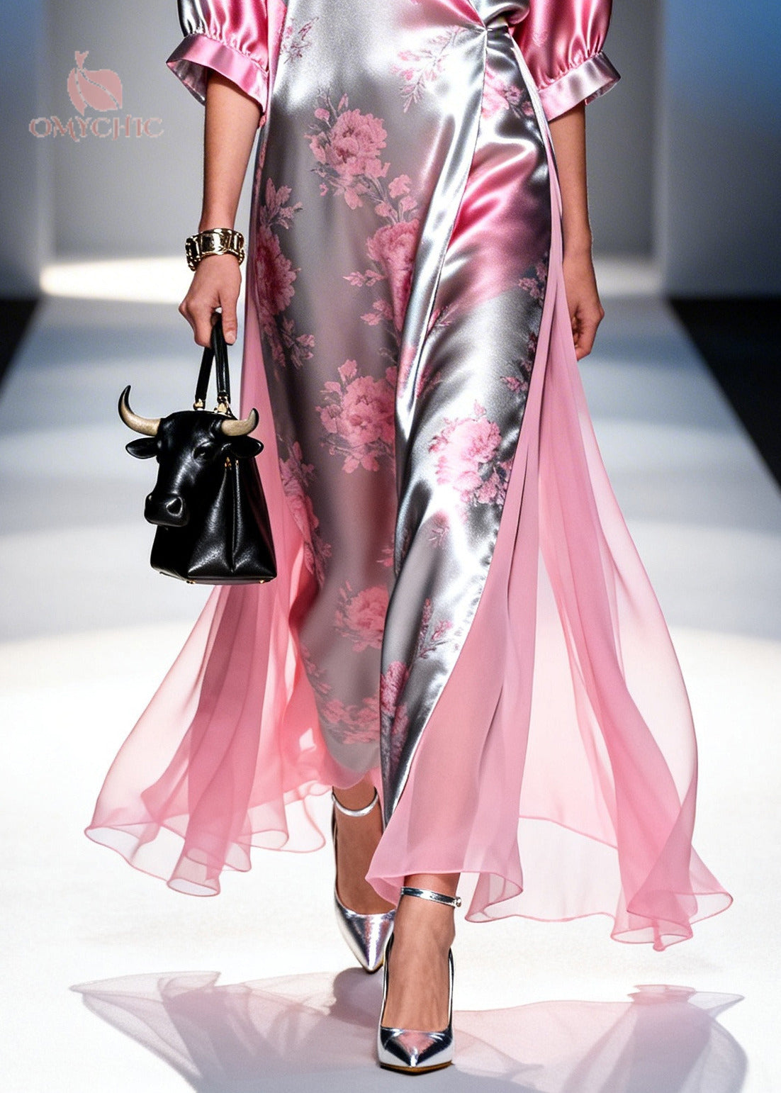 Satin Floral Deep V-Neck Kimono Sleeve High Split Wrap Maxi Dress - View 4