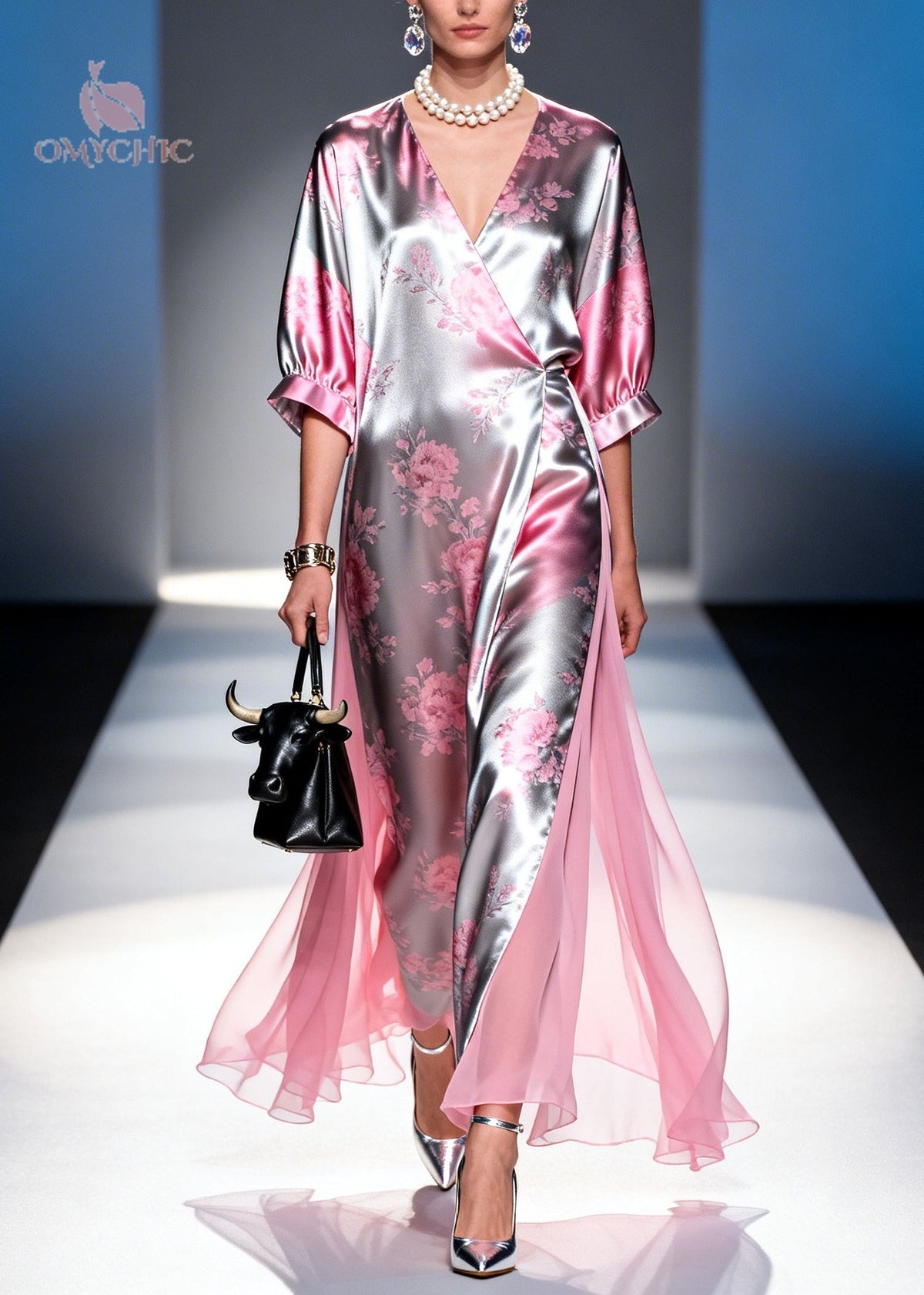 Satin Floral Deep V-Neck Kimono Sleeve High Split Wrap Maxi Dress - View 5