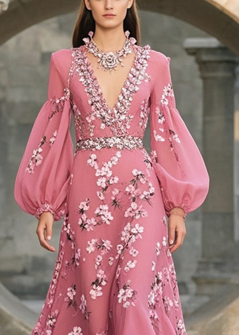 Floral Print Deep V-Neck Bishop Sleeve Rhinestone Trim Midi Dress - View 2