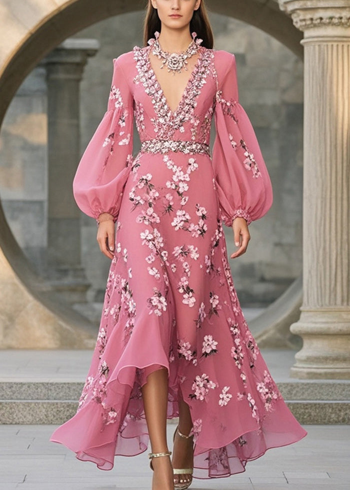 Floral Print Deep V-Neck Bishop Sleeve Rhinestone Trim High Low Midi Dress 3