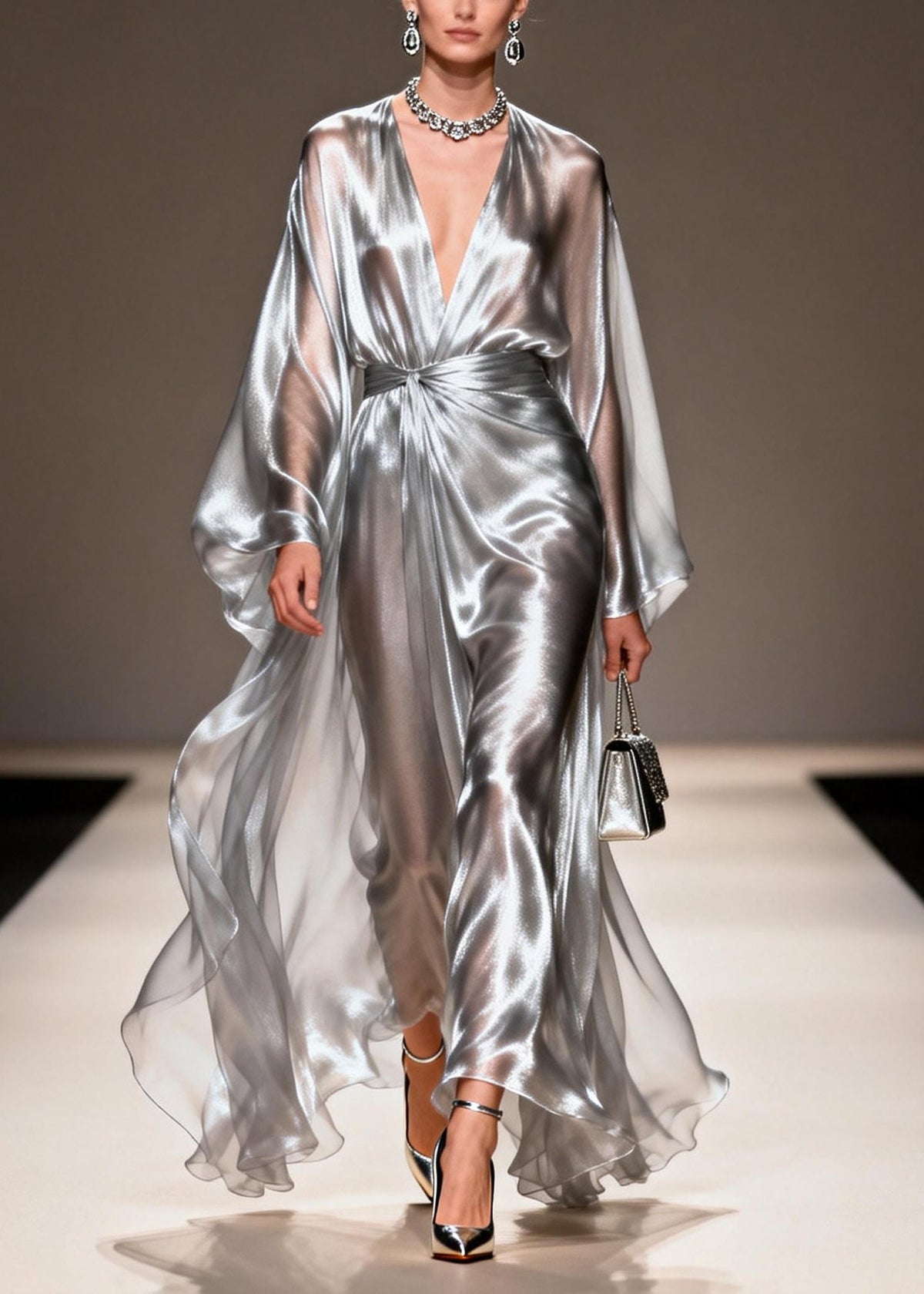 Metallic Deep V-Neck Lantern Sleeve Knot Waist Draped Maxi Gown - View 3