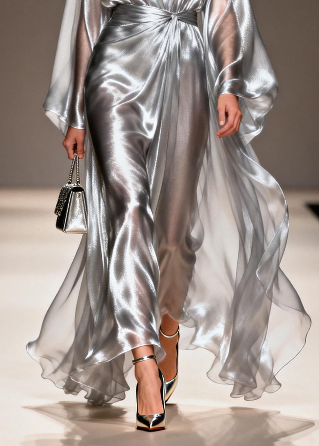 Metallic Deep V-Neck Lantern Sleeve Knot Waist Draped Maxi Gown - View 4