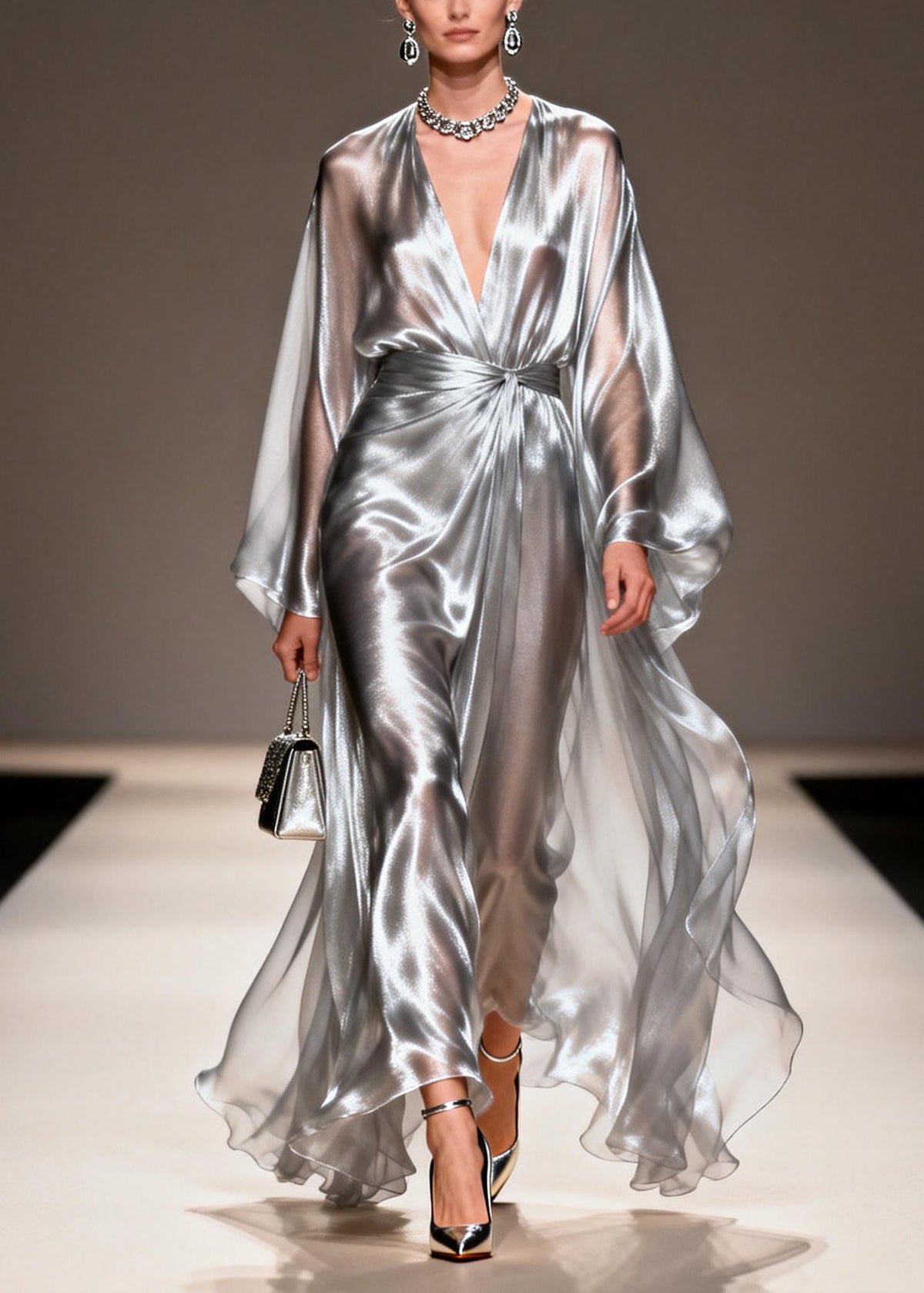 Metallic Deep V-Neck Lantern Sleeve Knot Waist Draped Maxi Gown - View 5