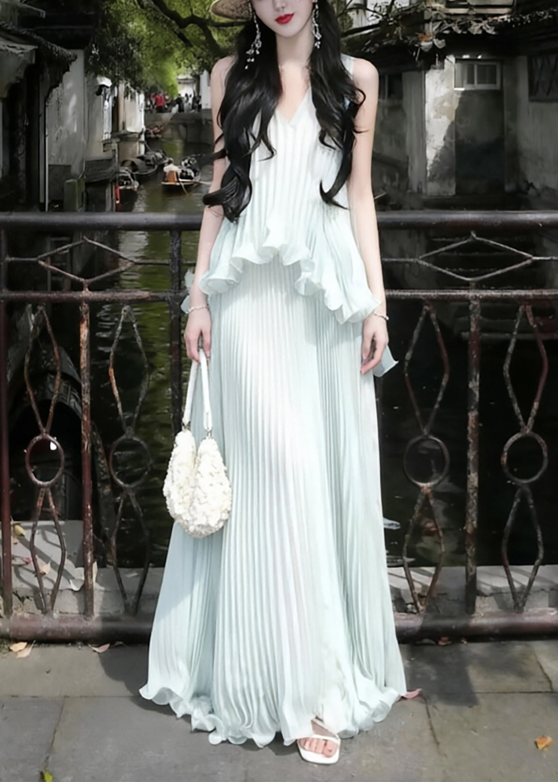 V-Neck Sleeveless Ruffle Pleated Chiffon Maxi Dress - View 2