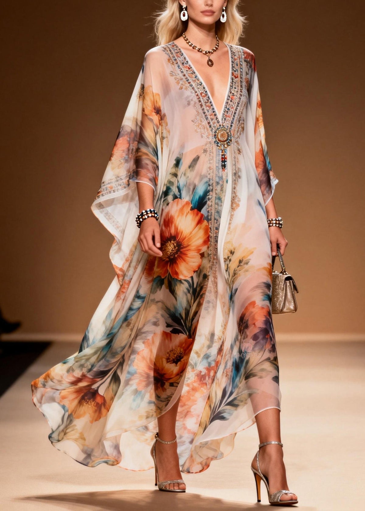 Beaded Floral Embroidery Deep V-Neck Sleeve Chiffon Maxi Dress - View 5