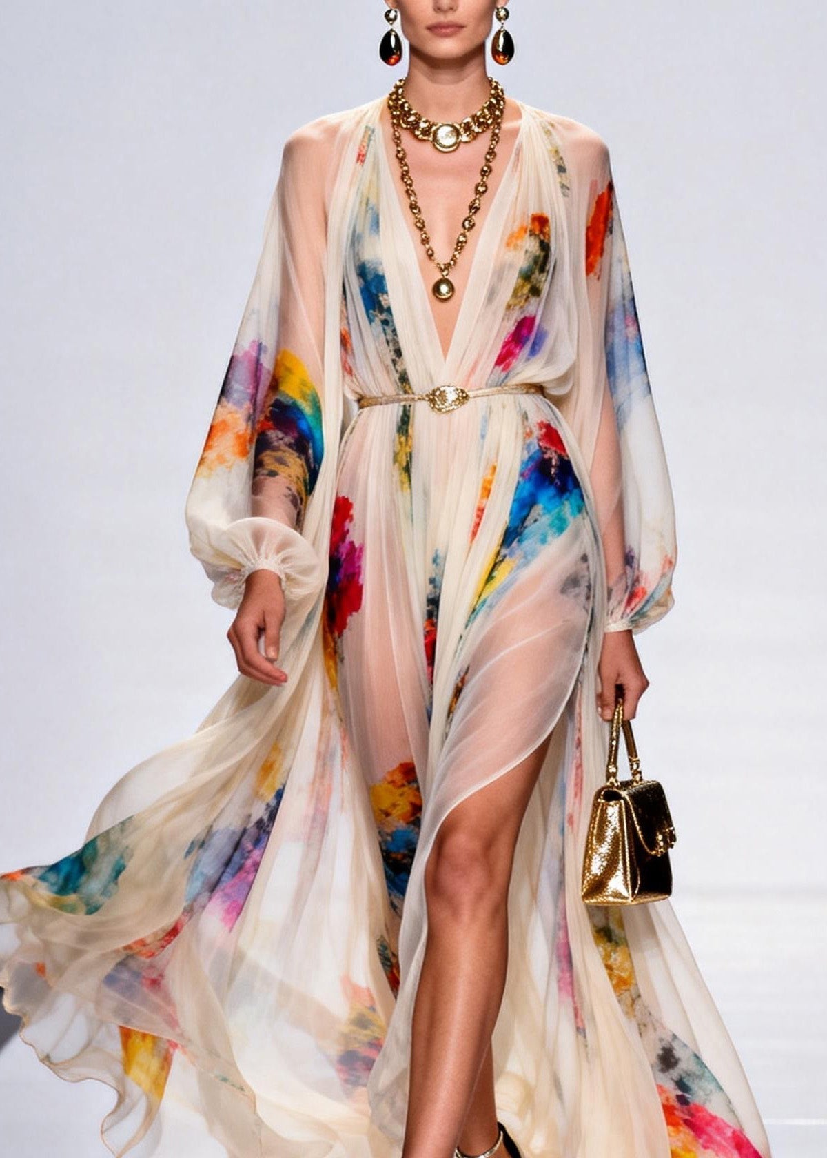 Style V Neck Print Side Open Chiffon Maxi Dress Spring - View 2