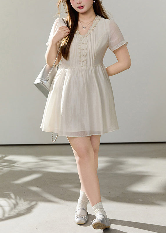 Pintuck Lace Trim V-Neck Ruffle Sleeve Tie Waist Mini Dress - View 2