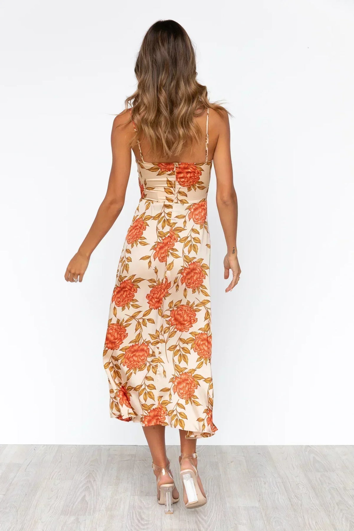 Floral Spaghetti Strap Deep V-Neck Tie Front Cut Out Midi Dress - View 7