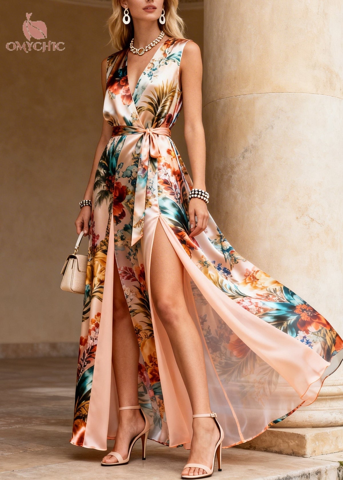 Satin Tropical Print Wrap V-Neck Tie Belt Dual Maxi Dress