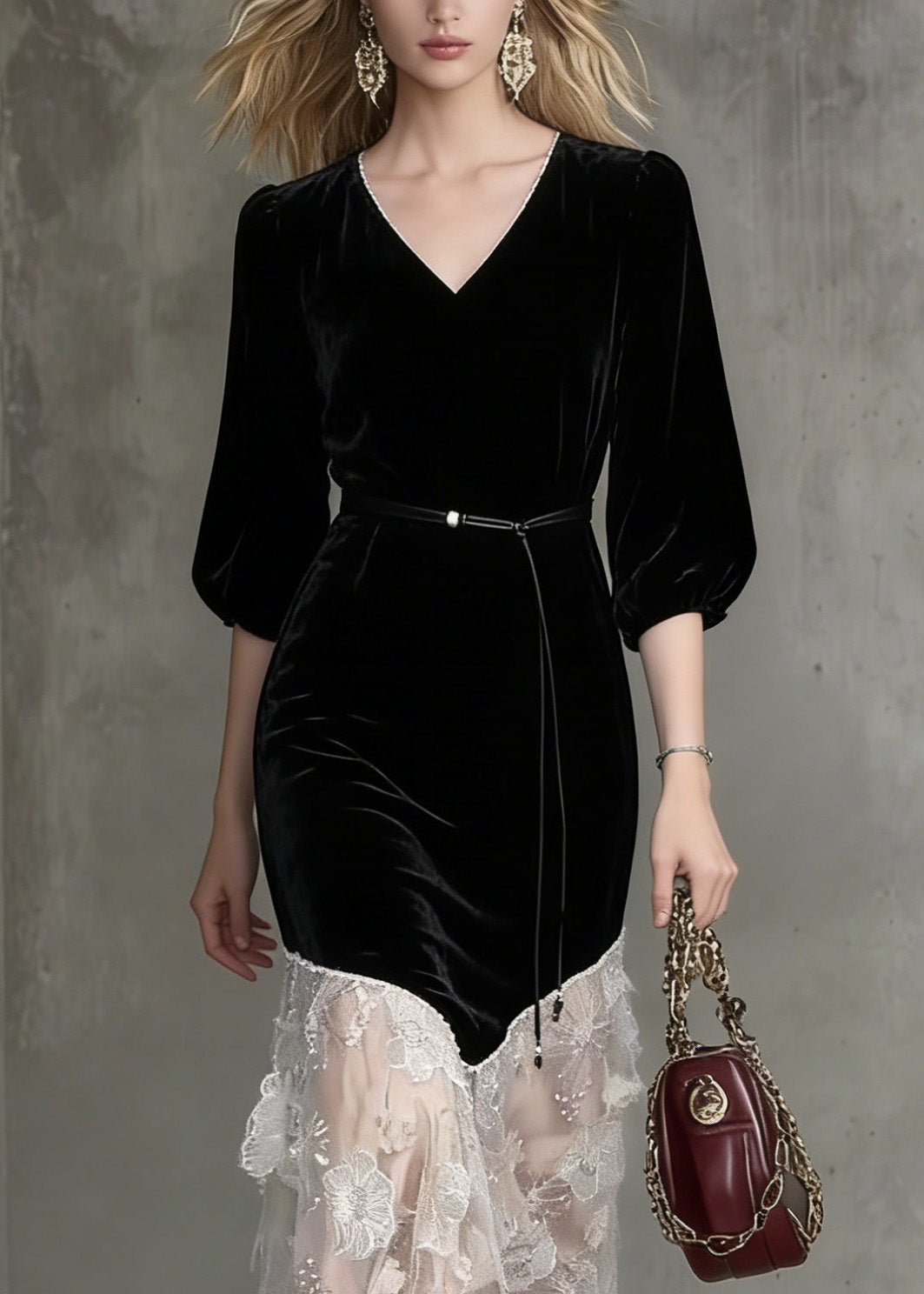 Velvet V-Neck Belted Lace Tiered Asymmetrical Midi Dress - View 2