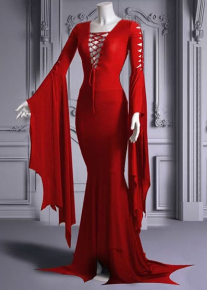 Lace Up Deep V-Neck Cut Out Bell Sleeve Mermaid Hem Maxi Gown - View 2