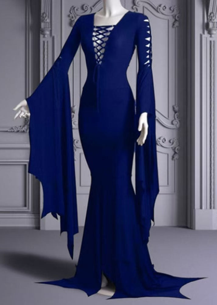 Lace Up Deep V-Neck Cut Out Bell Sleeve Mermaid Hem Maxi Gown - View 3