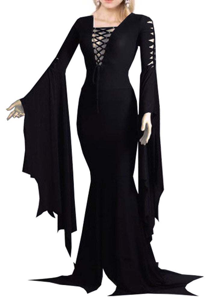 Lace Up Deep V-Neck Cut Out Bell Sleeve Mermaid Hem Maxi Gown - View 4