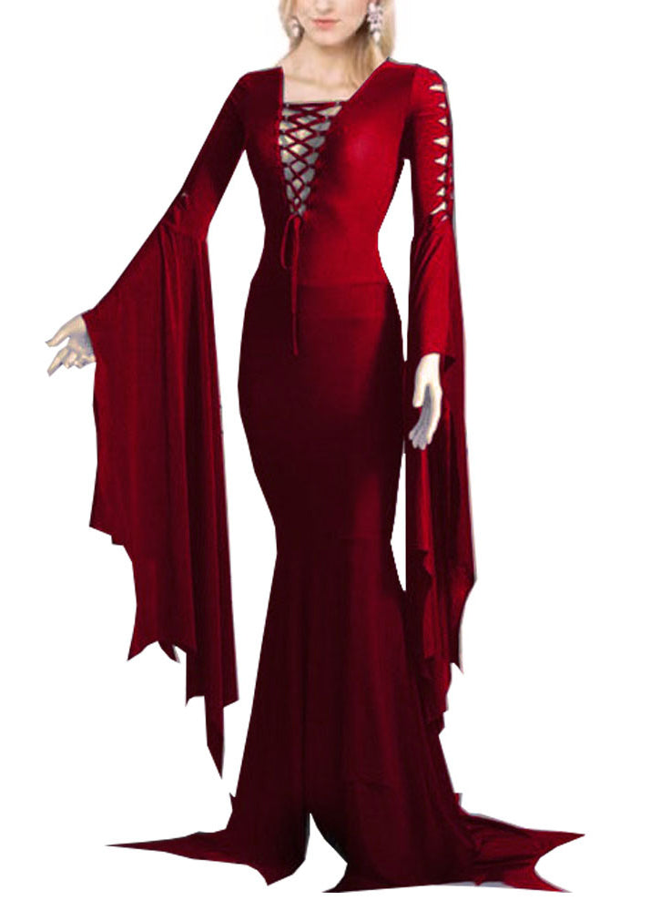Lace Up Deep V-Neck Cut Out Bell Sleeve Mermaid Hem Maxi Gown - View 5