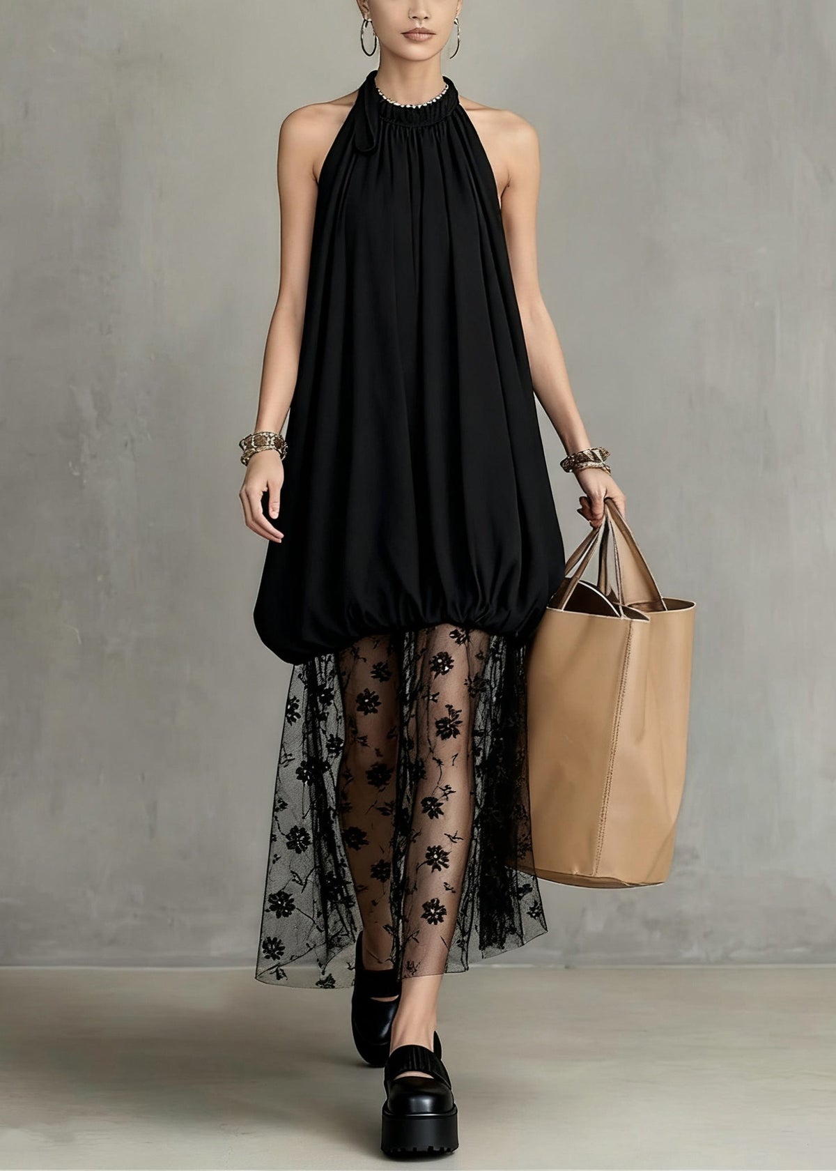 Halter Neck Bubble Bodice Floral Lace Mesh Overlay Maxi Dress - View 3