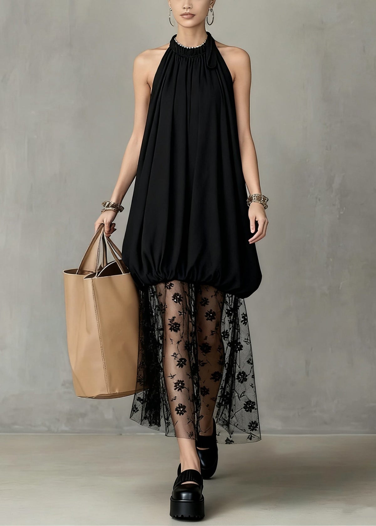 Halter Neck Bubble Bodice Floral Lace Mesh Overlay Maxi Dress - View 5