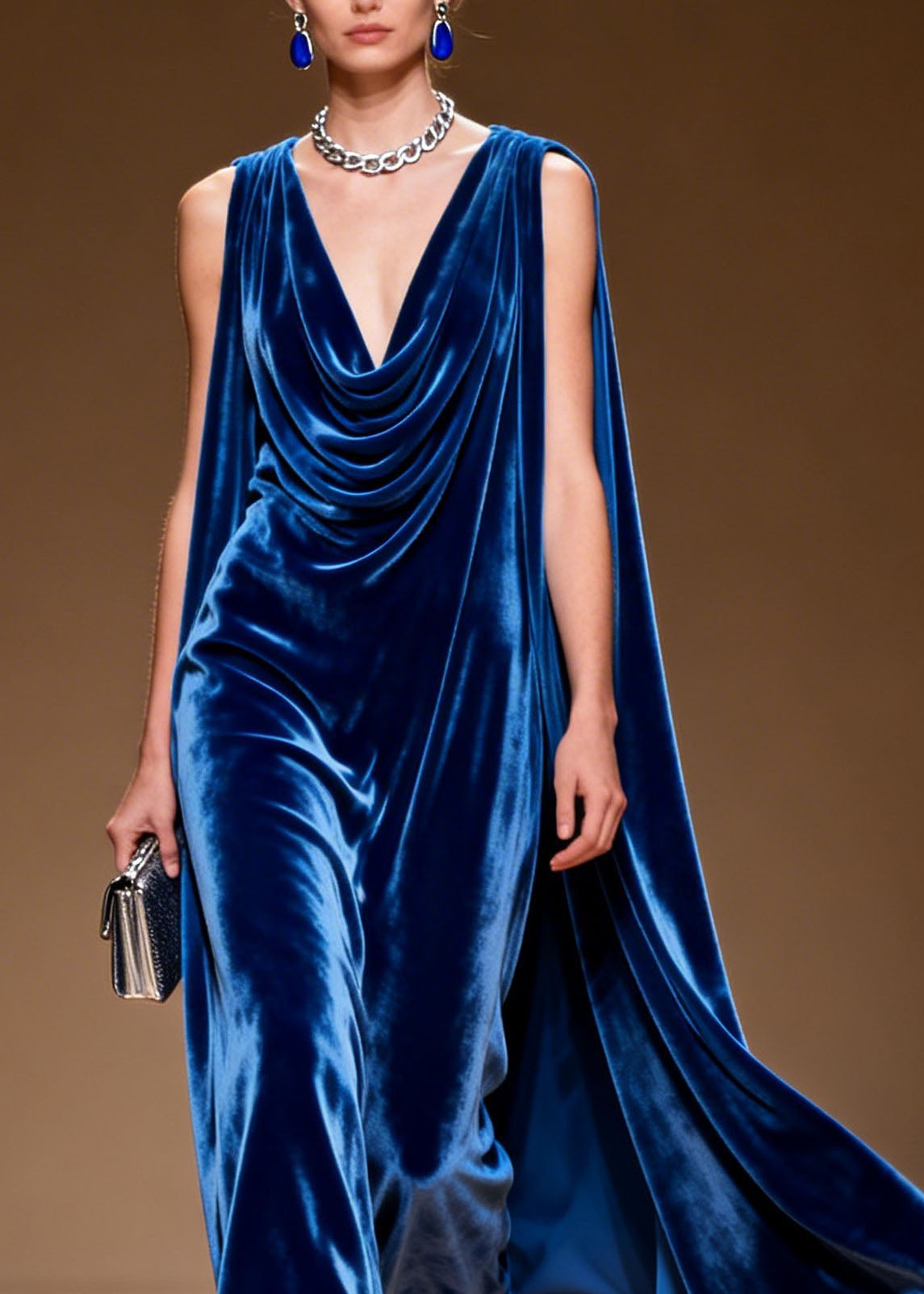 Velvet Cowl Neck Cape Back Floral Fringe Trim A-Line Maxi Gown - View 2