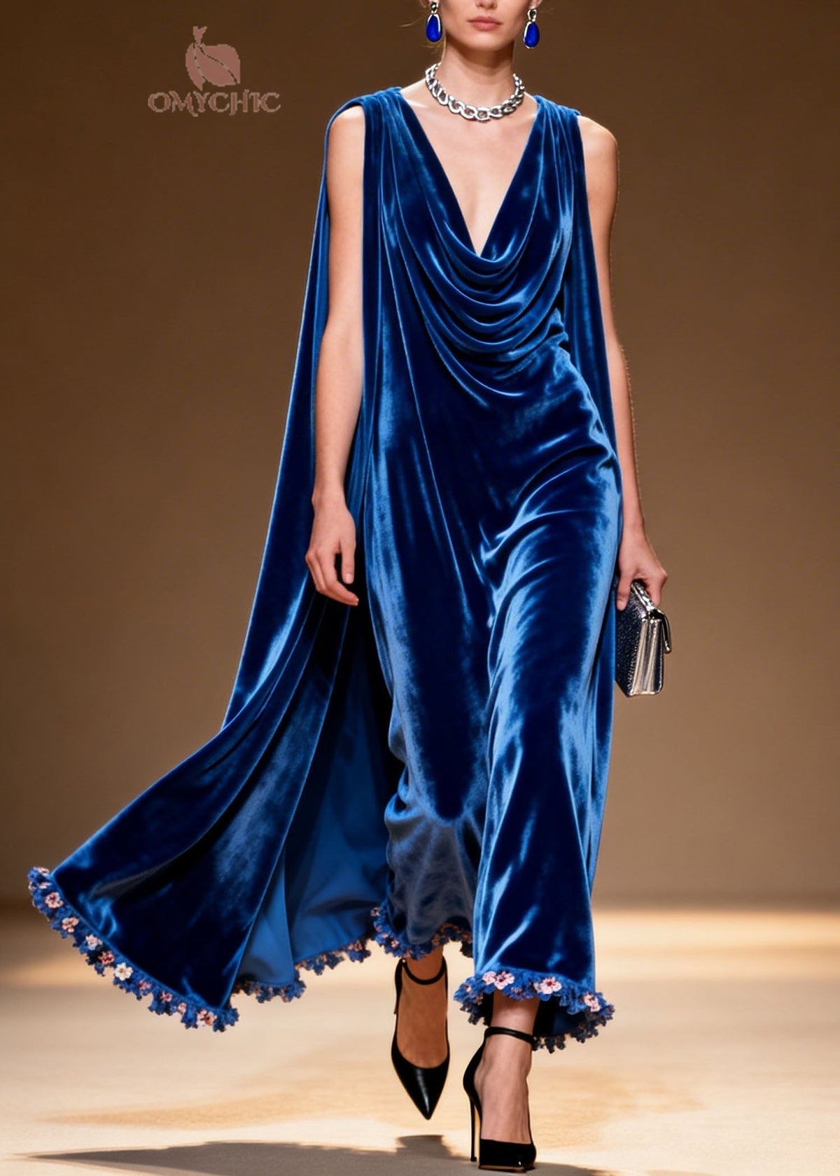 Velvet Cowl Neck Cape Back Floral Fringe Trim A-Line Maxi Gown - View 3