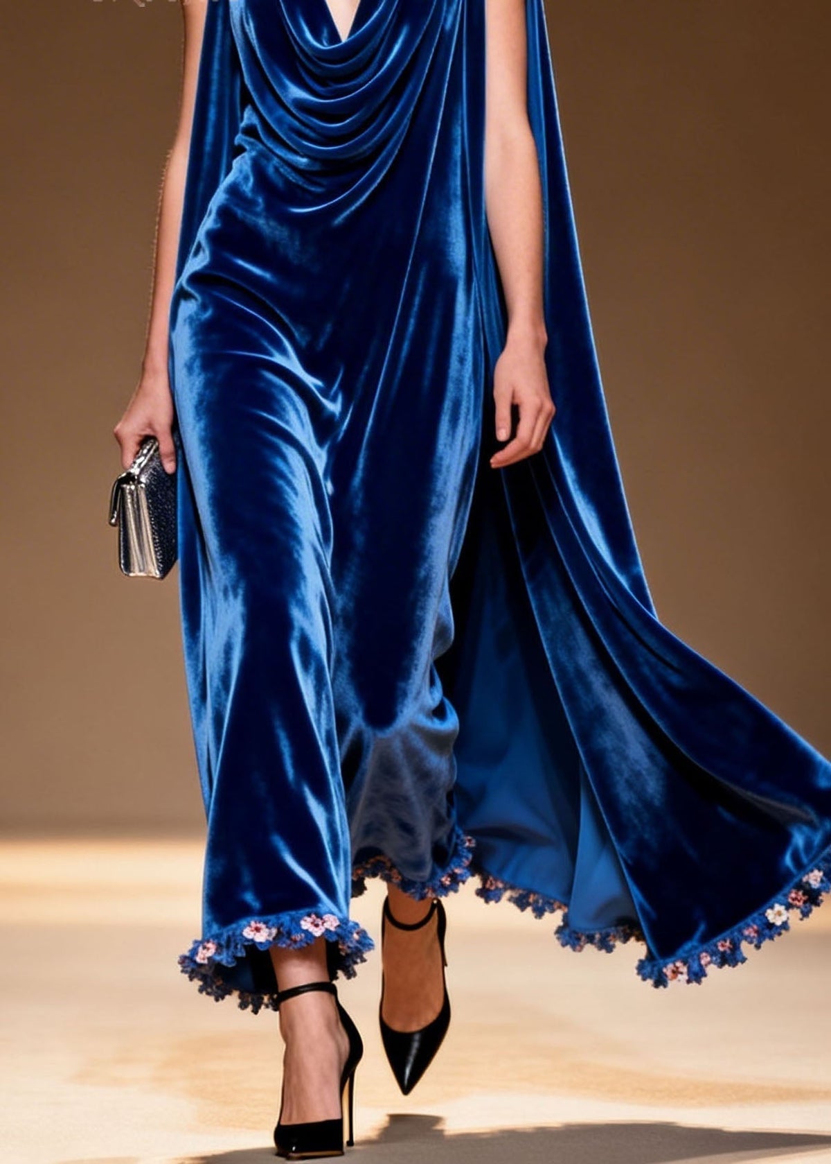 Velvet Cowl Neck Cape Back Floral Fringe Trim A-Line Maxi Gown - View 4