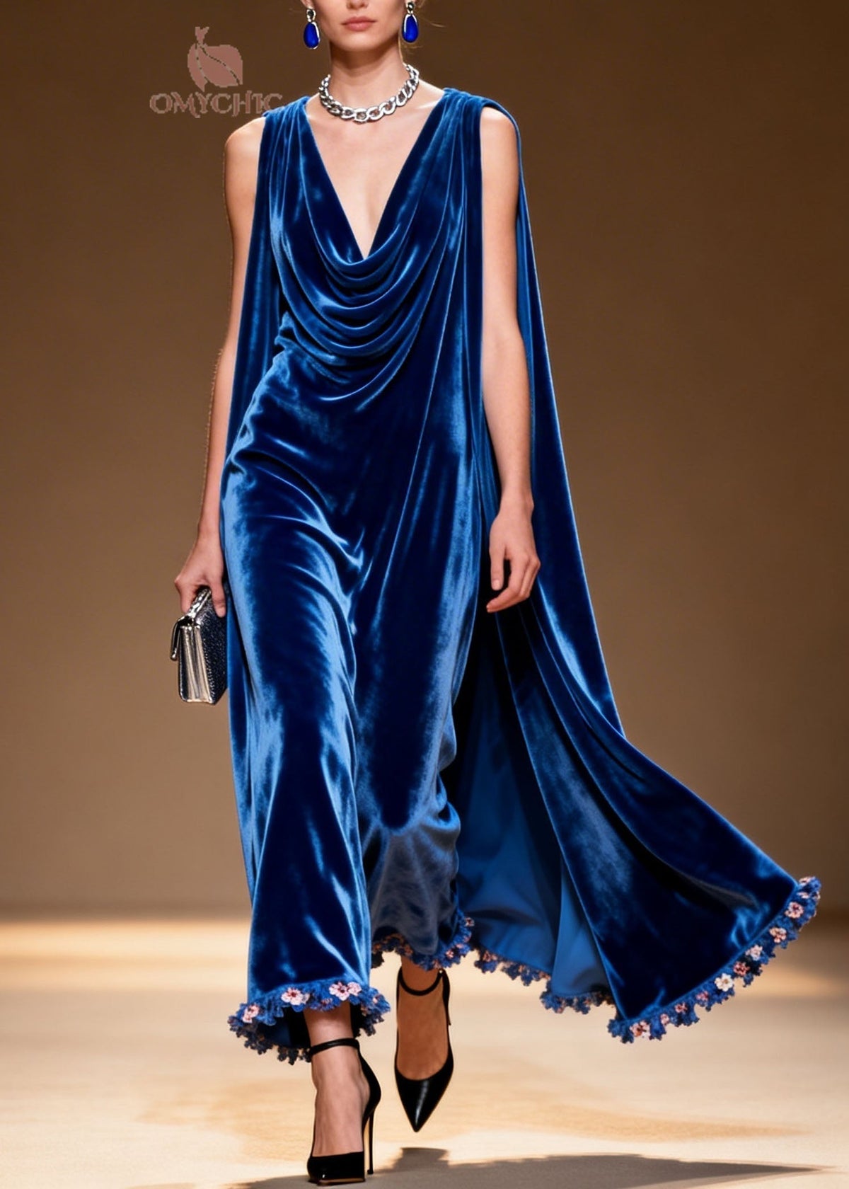 Velvet Cowl Neck Cape Back Floral Fringe Trim A-Line Maxi Gown - View 5